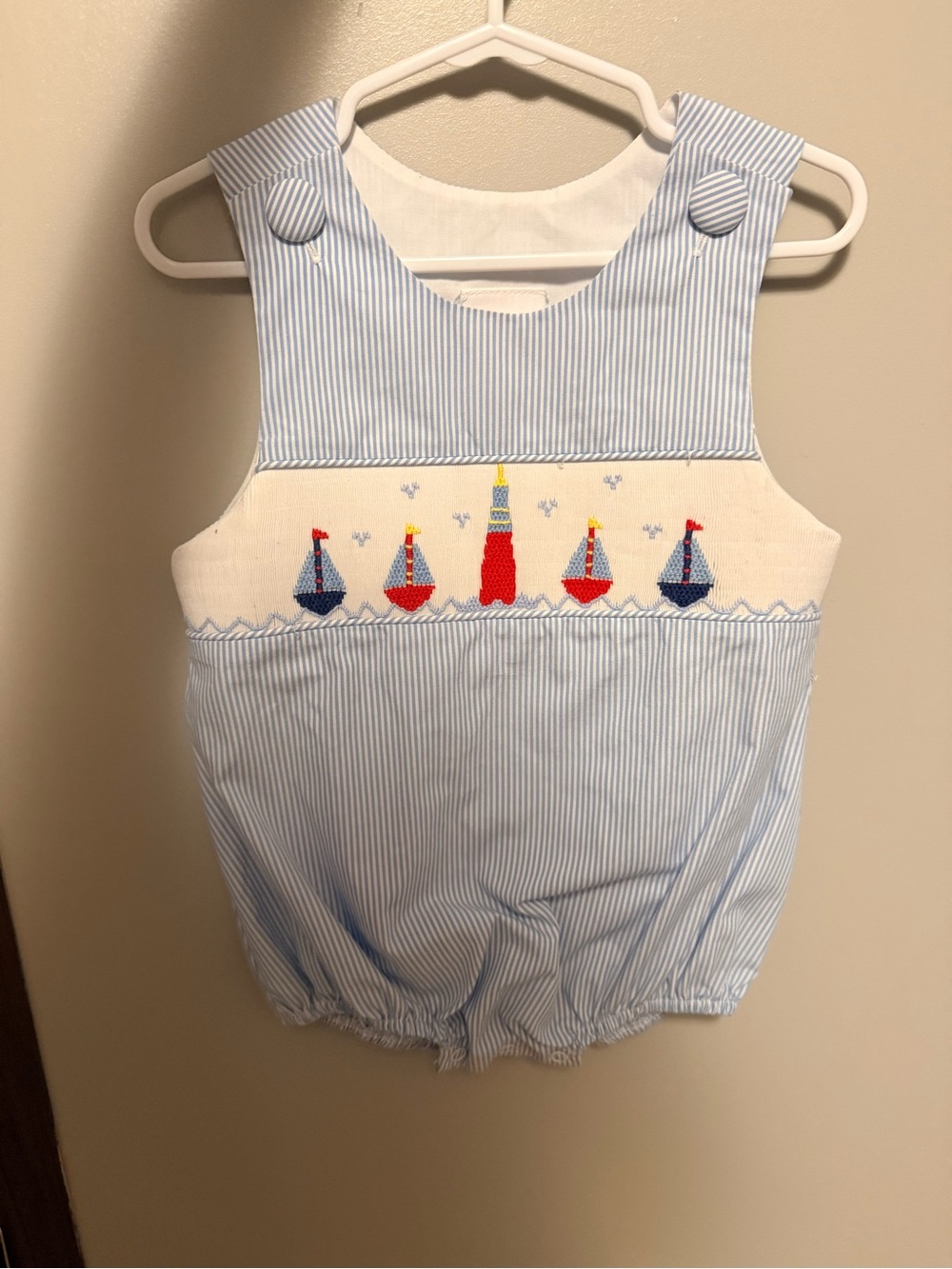 Blue Striped Smocked Sailboat Baby Bubble Romper